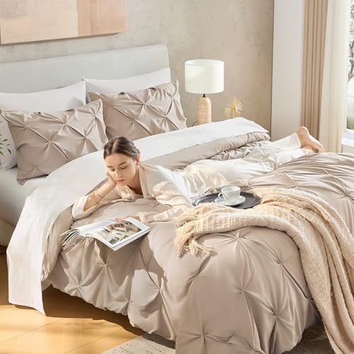 Image of Andency Oversized King Pinch Pleat Comforter Set (120 inchx98 inch),3 Piece Lightweight Pintuck Bedding Comforters & Sets, Fluffy Down Alternative Comforter with 2 Pillow Shams for All Season,Wheat