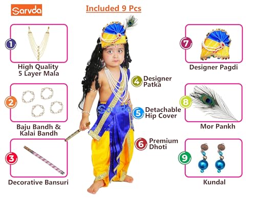 Image of Sarvda Shree Krishna Dress for Baby Boy & Radha Dress for Girls | Janamashtami Dress | Fancy Dress Costume with Accessories Dhoti, Dupatta, Mukut Flute Complete set, Ethnic wear