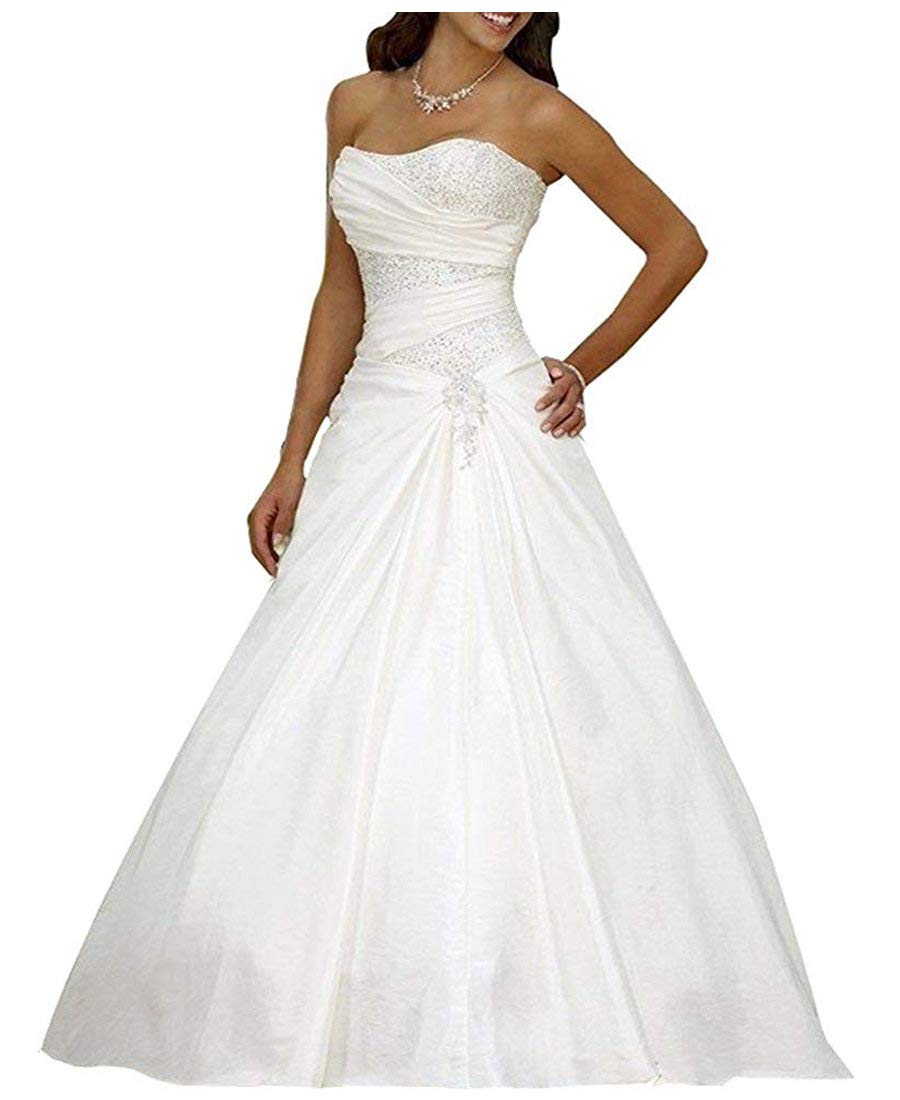 Romantic-Fashion Brautkleid Hochzeitskleid A-Linie Lang Satin Trägerlos Perlen Pailletten, LNNLSS, Weiß, 36