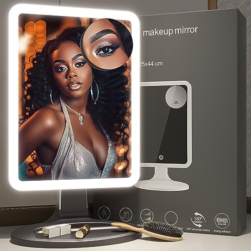 ROLOVE Makeup Mirror with Lights, 13"x10" Lighted Makeup Vanity Mirror, Portable Tabletop Cosmetic Make Up Mirror with Sensor Touch Dimmable, Dual Power Supply, 10X Magnifying Mirror, Gray