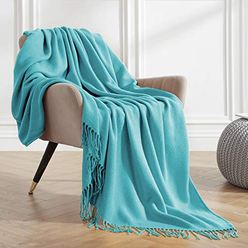 VEEYOO Manta para sofá, manta de punto turquesa con borlas, manta decorativa...