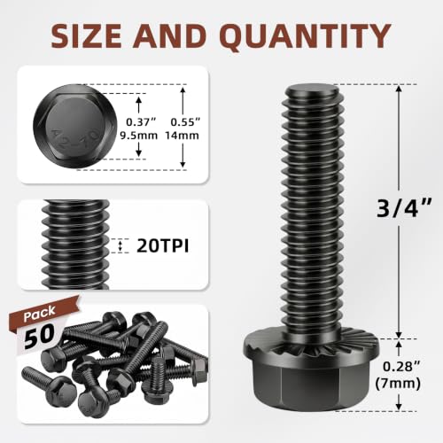 Image of Mellewell 1 /4-20 x 3 /4 inch Flanged Hex Head Bolts Flange Hexagon Screws, Stainless Steel A2 Black Finish, DIN 6921, 50 PCS