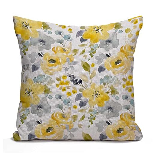 Tomda Funda de cojín negra con estampado floral de acuarela brillante de verano amarillo y azul, flores abstractas, gris, simple, botánica, decoración del hogar, 45x45 cm, 18x18 pulgadas