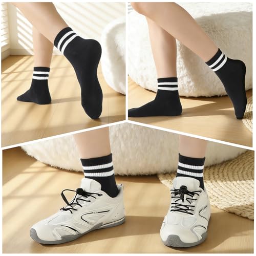 Image of Womens Crew Socks Striped Trim Casual Crew Socks Mid Calf Ankle Sock Vintage Retro Gym Running 6 /8 Pack