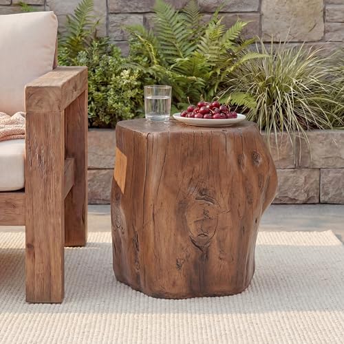 Christopher Knight Home Pawn 17 H MGO Outdoor Side Table with Tree-Stump Design Patio Decorative Wood-Like Texture End Table Round Top Lightweight Concrete Garden Stool No Assembly Dark Brown