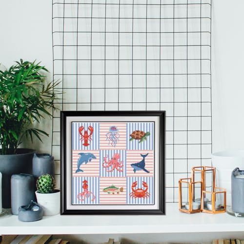 Image of FREEBLOSS 11CT Cross Stitch Kits Striped Sea Animal Stamped Embroidery Kits with Instruction Cross Stitch Wall Hanging Kit for Needlepoint Adults Wall Art Decoration 18 * 18in /45 * 45cm