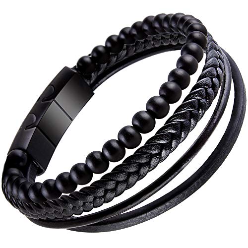 VIQIV Herren-Wickel-Lederarmband, Lavastein, geflochtenes Lederarmband, schwarz mit Magnetverschluss, Metallarmband, Armreif, Manschette, Armbänder für Herren, Schmuck, Edelstahl, Schwarz