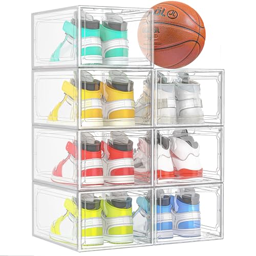 Kuject X-Large Shoe Storage Boxes Organizers for Closet Fit Size 11 Clear Plastic Stackable Sneaker Containers for Entryway Space Saving Shoe Rack Holder (Clear 7 Packs)