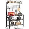 Bakers Rack with Power Outlet, 4-Tier Microwave Oven Stand, Coffee Bar Station with 10 Hooks, Large Kitchen Storage Shelf with Hutch, Gray Oak