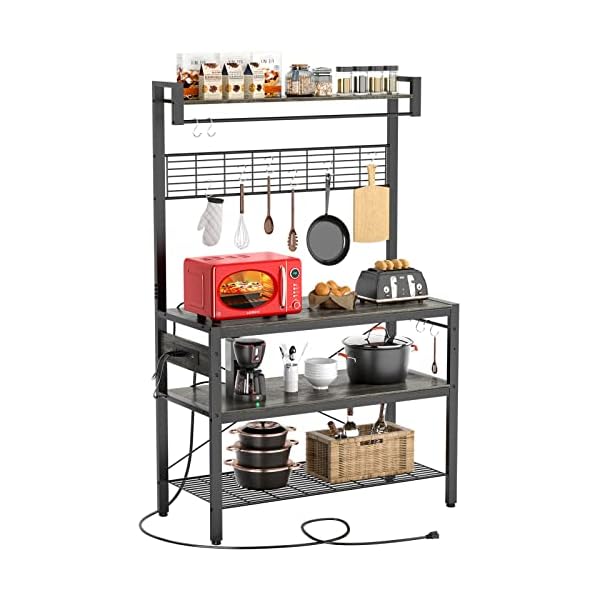 Bakers Rack with Power Outlet, 4-Tier Microwave Oven Stand, Coffee Bar Station with 10 Hooks, Large Kitchen Storage Shelf with Hutch, Gray Oak