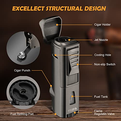 Tisfa Torch Lighter Triple Jet Flame, Cigar Punch, Cigar Holder, Refillable Butane Cigar Lighter, Adjustable Windproof Pocket Lighters For Smoking, Multifunctional Cigar Accessories Ideal Gift For Men #TOP1