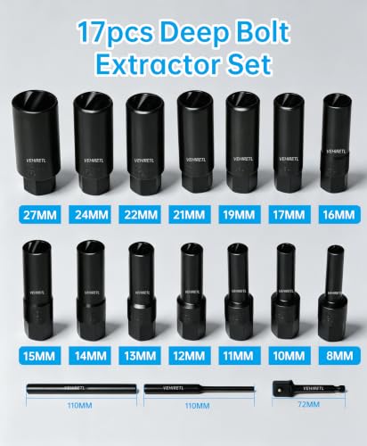 Image of 17pc Deep Bolt Extractor Set 3.35'' Extra Deep Extractor Socket | 1 /2 inch Drive Wheel Lock Removal Kit, Spiral Socket Set for Extracting Damaged, Stripped Frozen Nuts & Screws Twist Socket Set