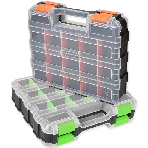 Wonninek Double-side Tool Organizer Heavy Duty Hardware Box Storage 34-Removable Compartments Tool Boxes with Handle for Screws Nuts Small Parts (Green & Orange)