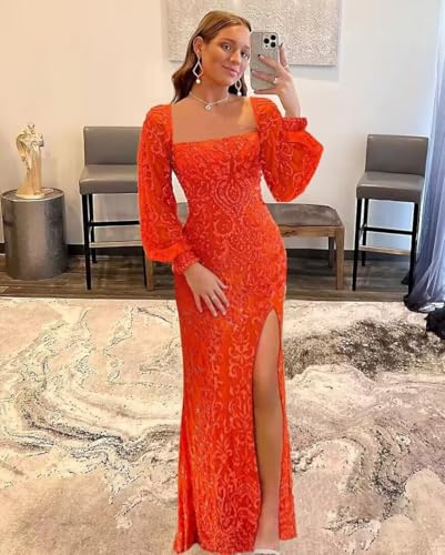 Long Sleeve Sequin Prom Dresses 2025 Sparkly Mermaid Tight Long Formal Evening Party Dress with Slit2