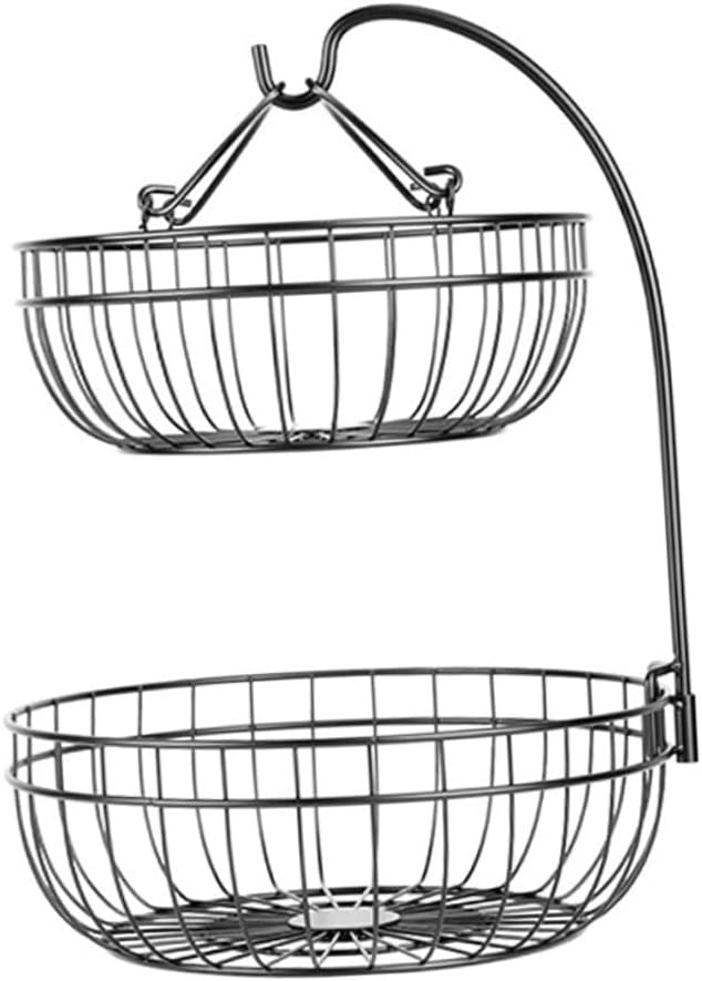 jojofuny Iron Art Hanging Fruit Basket, Two-layer Black Iron Veg and Snack Storage Basket for Kitchen and Living Room Organization