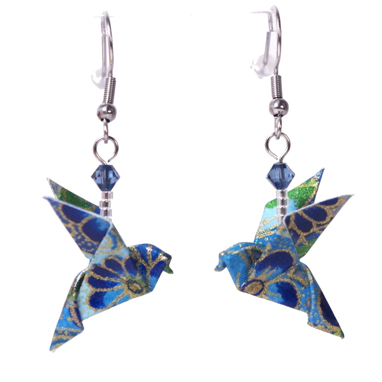 Boucles d'oreilles colombes origami (Fleurs bleues sur fond bleu clair)