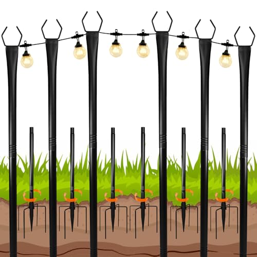 Lot de 6 poteaux lumineux réglables en métal avec fourchette pour guirlandes lumineuses extérieures, support d'éclairage à suspendre pour patio, terrasse, jardin, fête, mariage