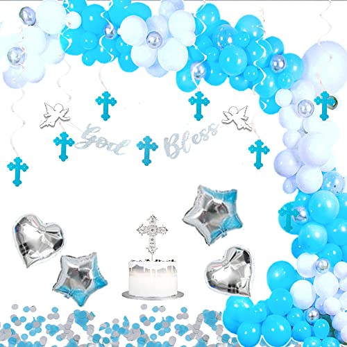 Elkanah Baptism, Christening, Communion Decorations: White & Silver God Bless Banner, Cross Cake Topper, Balloons, Angels, Arch Strip & More