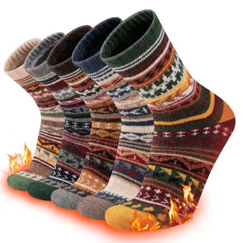COOPLUS Wool Socks Mens Warm Winter Thermal Thick Pattern Crew Socks for Cold Weather (5 Pairs)