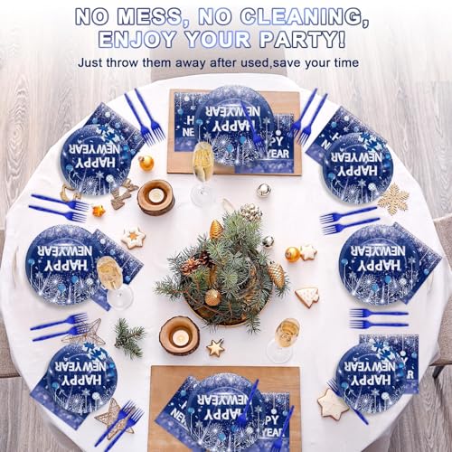 Image of 100PCS Happy New Year Party Plates and Napkins Party Supplies Blue 2026 New Year's Eve Platters Dessert Cake Tableware Set Party Decor Favor for New Year Evening Party Celebration Decoration Serves 25