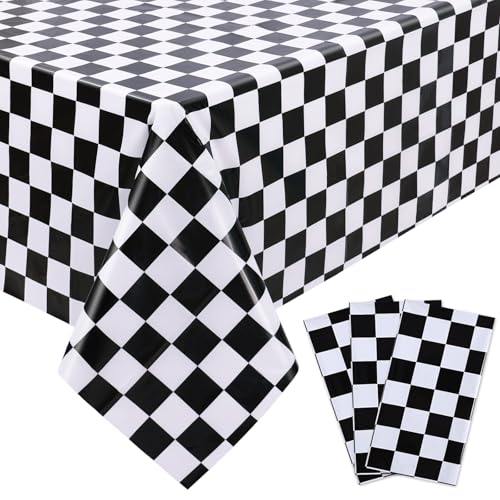 Image of Kesfey 3 Packs Black and White Checkered Tablecloths 54 x 108 Inches Disposable Plastic Checkered Flag Racing Table Cover Waterproof Rectangle Race Car Table Cloth for Picnic Party Retro Celebration