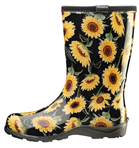 Sloggers Waterproof Floral Rain Boots for Women - Cute Mid-Calf Mud & Muck Boots with Premium Comfort Support Insole, (Sunflower Black), (Size 6)