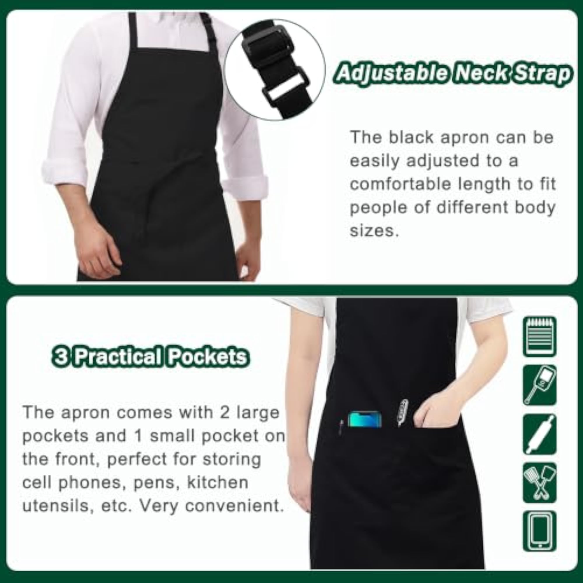 Black Chef Apron, Adjustable Bib Apron with 3 Pockets