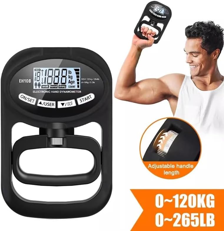 デジタル握力計 高精度 グリップ幅調整可能 0-120kg 握力測定 デジタルハンドグリップメーター 記録更新機能付き 19人登録