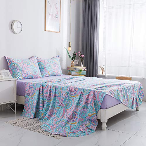 Softta Vintage Queen Size Boho Colorful Paisley 100% Cotton 4Pcs Girls Kids Western Bedding Sheets Sets 1 Paisley Pattern Flat Sheets 98'×102'+1 Pure Purple Fitted Sheets 60'×80'+16.5'+2 Pillowcase #TOP10