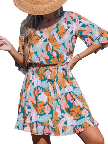Image of CUPSHE Beach Dress for Women Casual Summer V Neck Tropical Half Sleeves Belted Ruffled Vacation Mini Dress