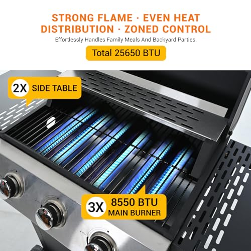 Image of EUHOME Stainless Steel 3-Burner Gas Grill, 25650 BTU Outdoor BBQ Grill with Side Table, 338 sq.in Cooking Area, Perfect for Patio, Deck & Family Barbecues