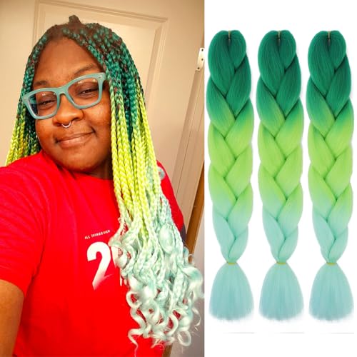 Braiding Hair Green Ombre 24 Inch Braid Hair Extensions Hot Water Setting (C58-3Packs)