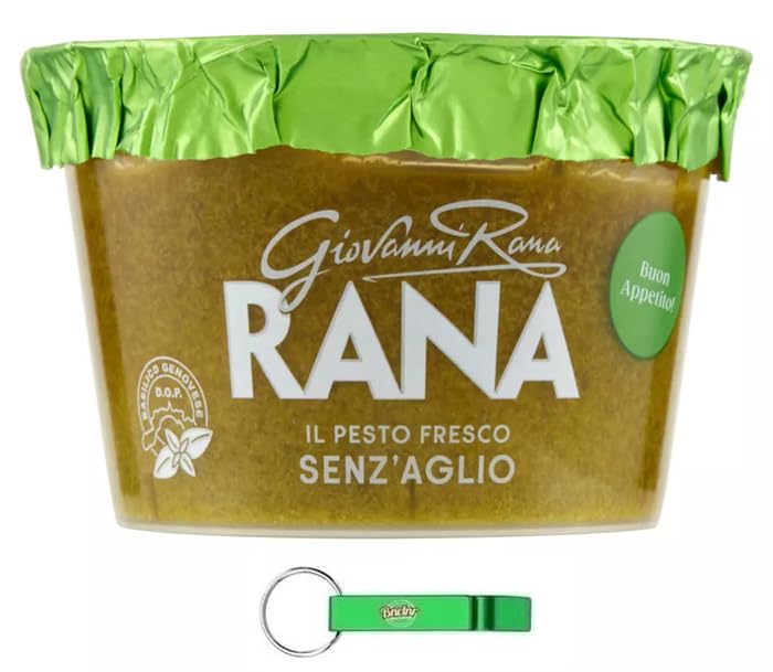 Giovanni Rana Pesto al Basilico Genovese DOP Senza Aglio, salsa de pesto fresca, albahaca genovesa, pesto DOP sin ajo, 140 g + llavero Beni Culinari gratuito