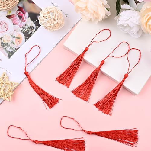 Image of NACHLYNN 120 Pcs Bookmark Tassels Bulk 13cm /5 Inch Silky Handmade Soft Craft Mini Tassels for Jewelry Keychain Making with Loops for Dress Decoration DIY Craft Accessory (Red)