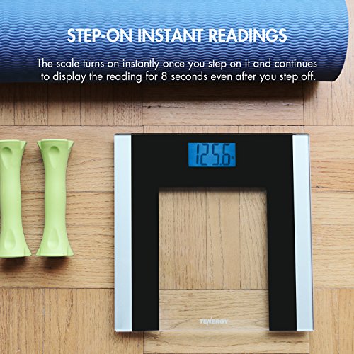 Tenergy Body Weight Scale With Step-On Technology, Tempered Glass Platform W/Backlit Lcd, High Precision Digital Bathroom Scale, 400-Pound Capacity, Bonus Body Measuring Tape & Batteries Included #TOP2