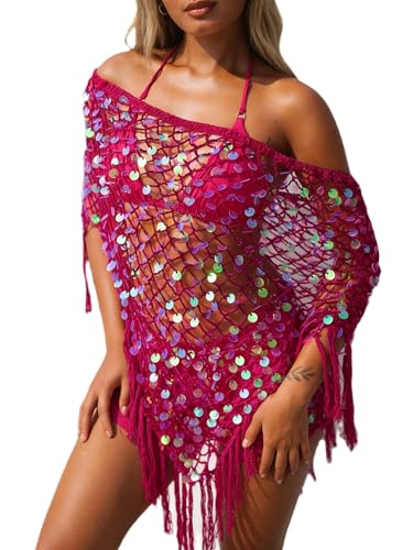 Image of SANSIWU Women Sequin Crochet Poncho Y2k See Through Hollow Out Knit Fishnet Shrug Shawl Lightweight Beach Cover Up (Rose Red, S)