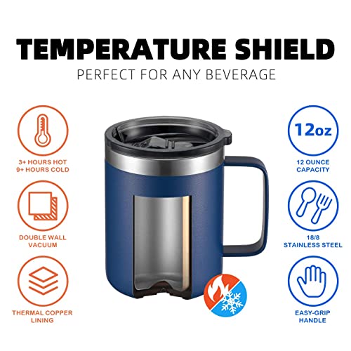 Aloufea 12Oz Stainless Steel Insulated Coffee Mug With Handle, Double Wall Vacuum Travel Mug, Tumbler Cup With Sliding Lid, Navy #TOP3