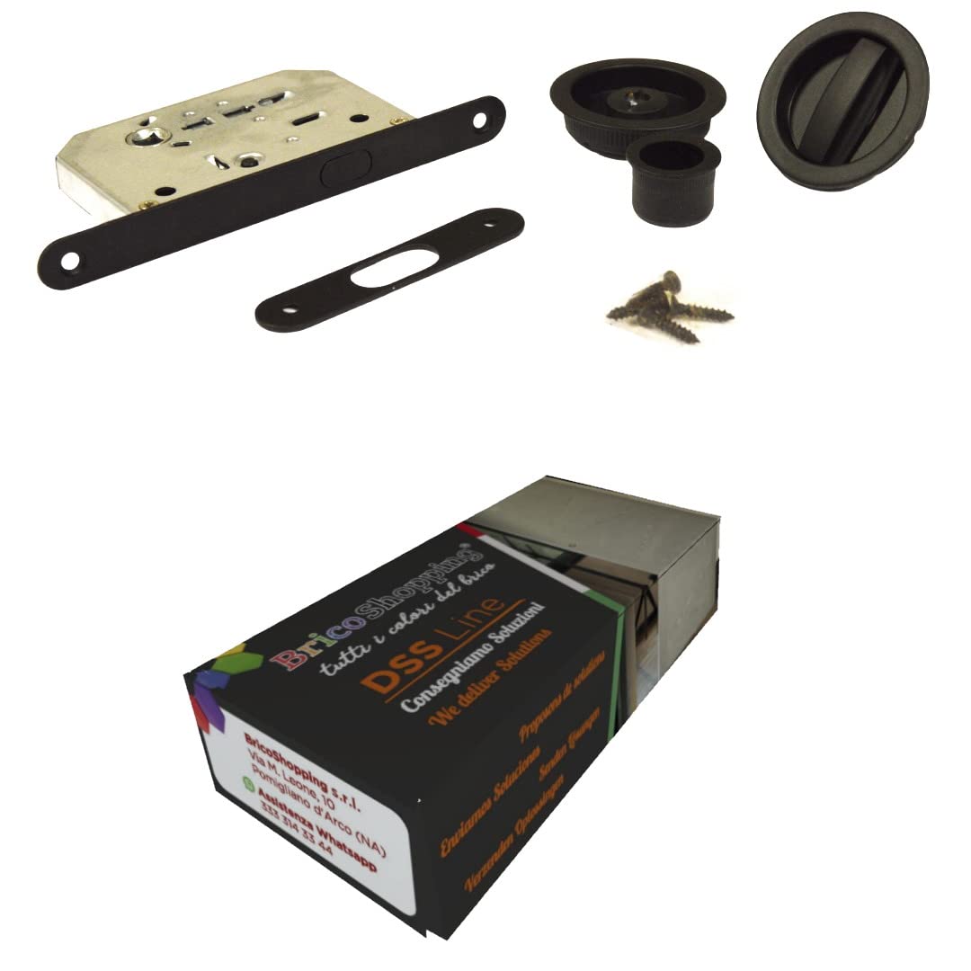 BricoShopping® Ensemble de poignées pour porte intérieure en bois, escamotables, porte coulissante, avec serrure intégrée, crochet, butoir, buse ronde, acier (rond C/serrure, Noir)