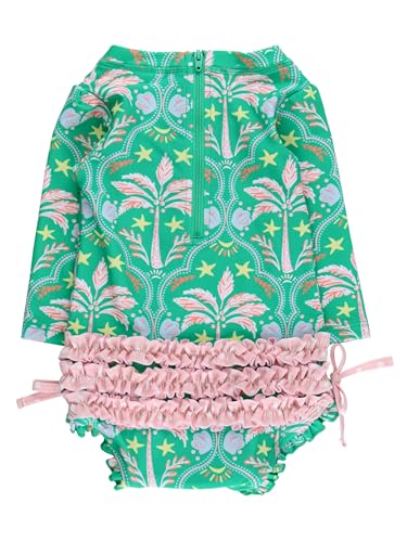 Image of RuffleButts Baby Girls UPF 50+ Sun Protection Floral Printed Long Sleeve One Piece Rash Guard Swimsuit with Zipper