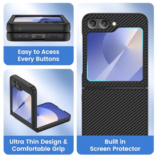 Image of Ruky for Z Flip 6 Case, Full Body Cover Anti-Scratches Shockproof Hard PC Ultra-Thin, Support Wireless Charging Protective Phone Cover for Samsung Galaxy Z Flip 6, Carbon Fiber