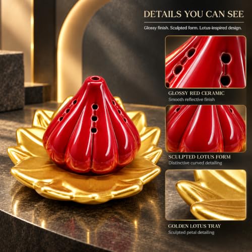 Image of SIGNAMIO Ceramic Sambrani Dhoop Doopam Dhupam Stand Holder - Gold Red