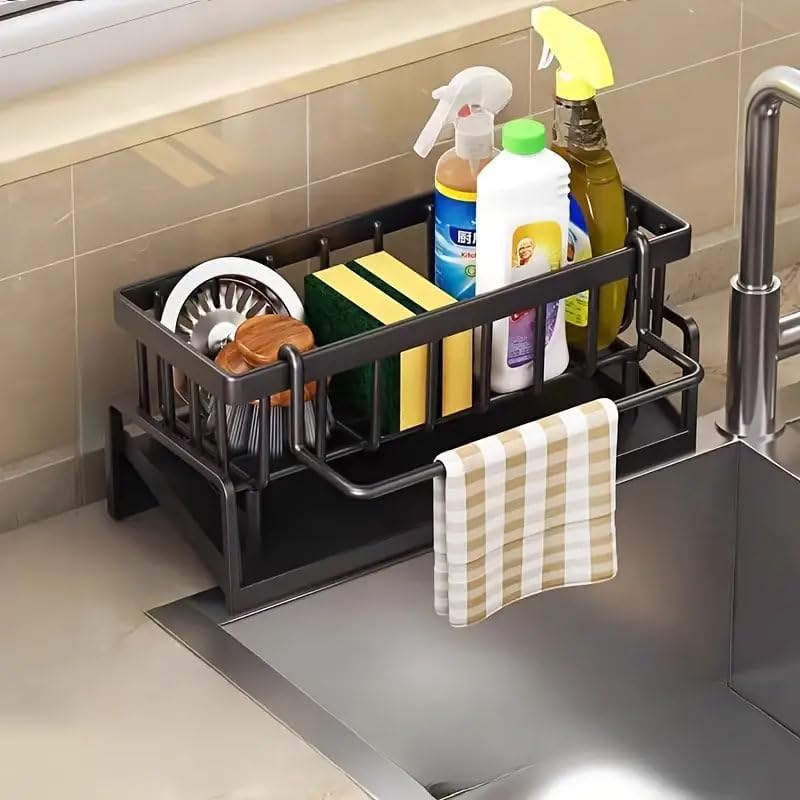 SolaceWave Metal Sponge Holder for Kitchen Sink | Auto-Draining Sink Organizer Caddy with Soap Tray, Dish Brush & Towel Bar Holder Kitchen Storage Rack | Rust-Resistant Storage Rack (Black)