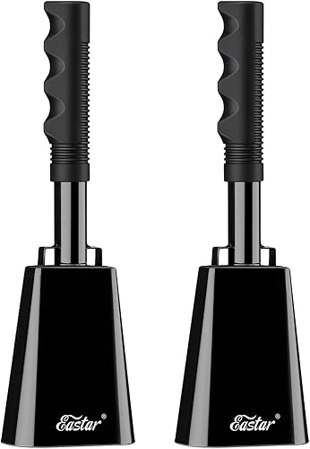 Eastar Campana de vaca con asa, campanas de vaca grandes para eventos deportivos, paquete de 2 campanas de 10 pulgadas que hacen ruido fuerte para