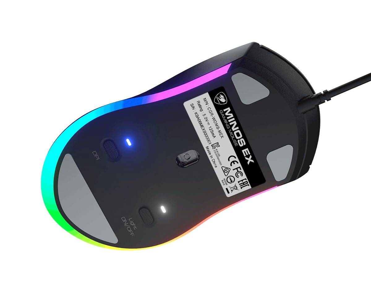 COUGAR Gaming | Mouse Gaming | MINOSEX Nero - Sensore ottico PMW3330-7200 DPI - Switch OMRON - Retroilluminazione RGB personalizzabile - Design ergonomico - Pattini in PTFE - Connettore USB