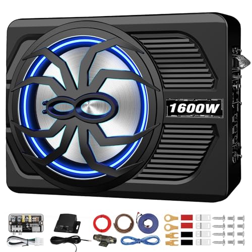 SUBPULSIX 1600W Slim Underseat Car Subwoofer and Amp Package, Under Seat Subwoofer with Built-in...
