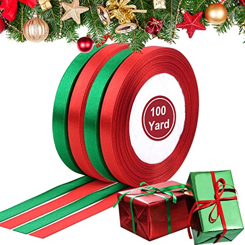 1 set di 2 rotoli, 25 iarde ciascuno, nastro natalizio rosso + verde
