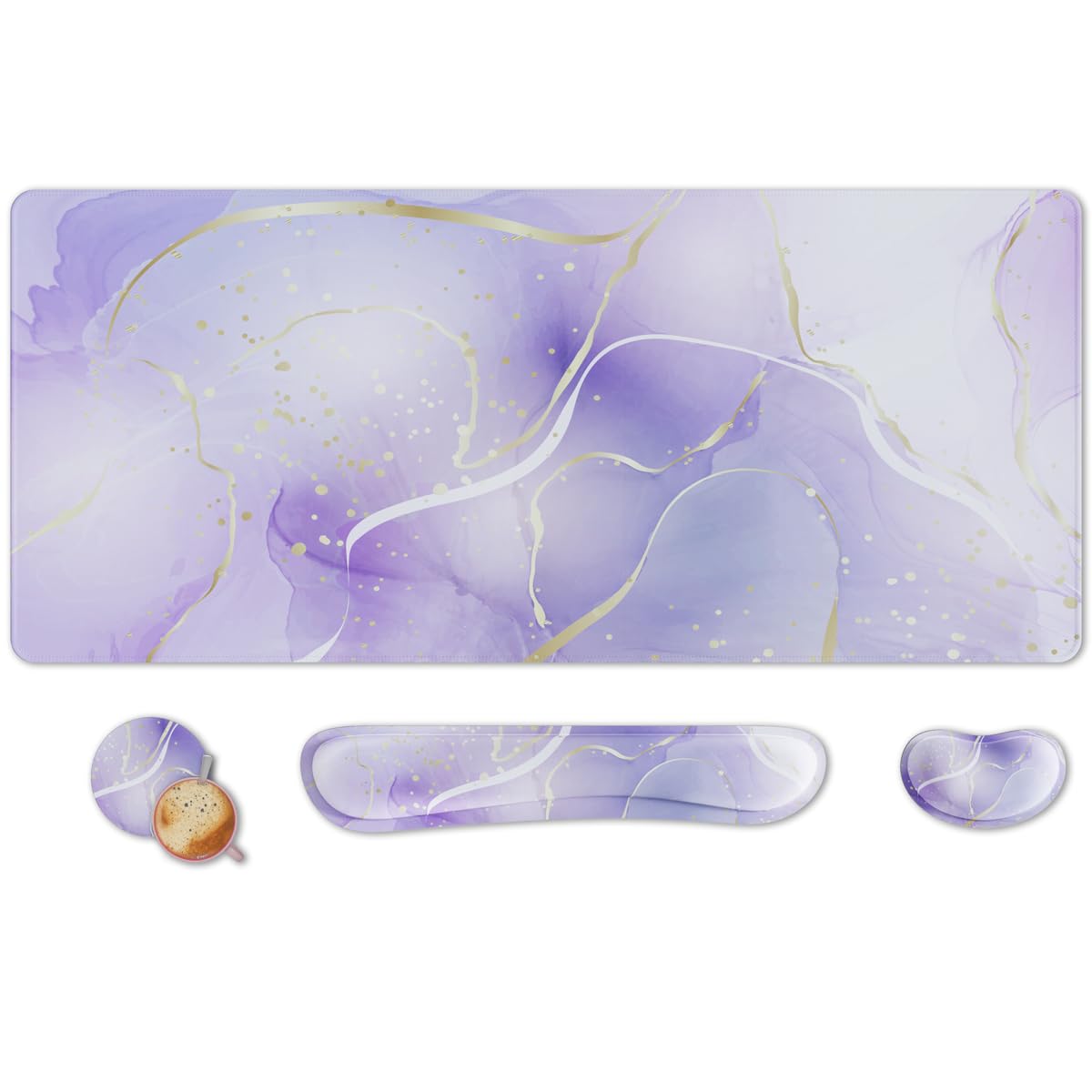 4-in-1 Mouse Pad & Wrist Support Set With Cup Coaster - Memory Foam Gel Ergonomic Combo For Office & Gaming (Purple)