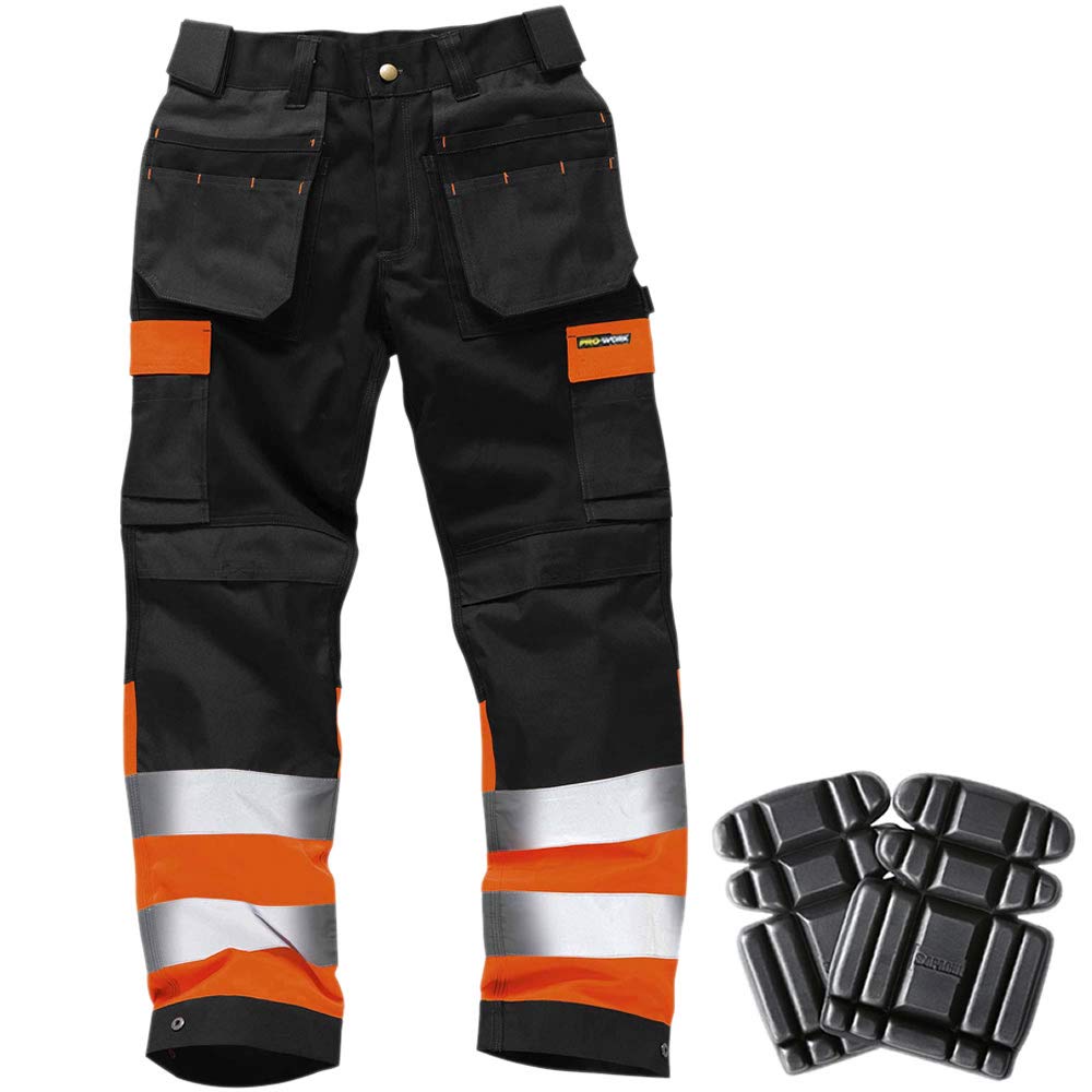 WK010 HI VIS - Rodilleras (incluye pantalones de trabajo en contraste negro y naranja) Negro y naranja. 30W/regular