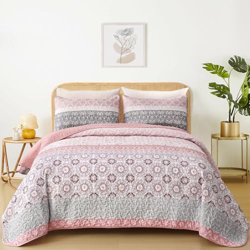 Parure de lit bohème microfibre légère patchwork floral rayé rose Queen