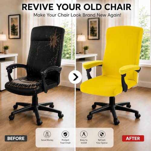 Image of DIVA EN CAMINO DEC Stretch Computer Office Chair Cover with Armrest Covers Durable Zipper Universal Washable Removable Spandex Rotating Boss Chair Slipcovers Anti-dust Soft Seat Protector, Yellow